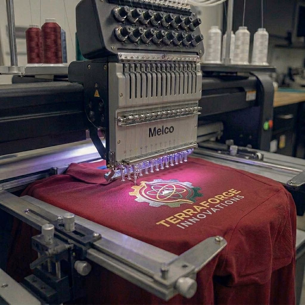Commercial embroidery machine stitching a logo